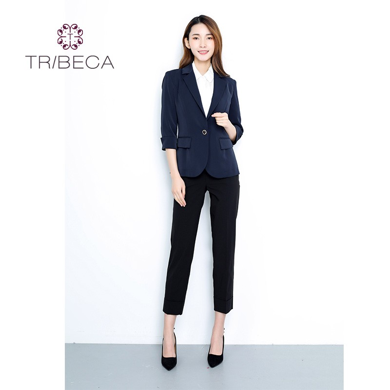 tribeca/翠贝卡 春季新款通勤时尚七分袖小西服 黑蓝 s