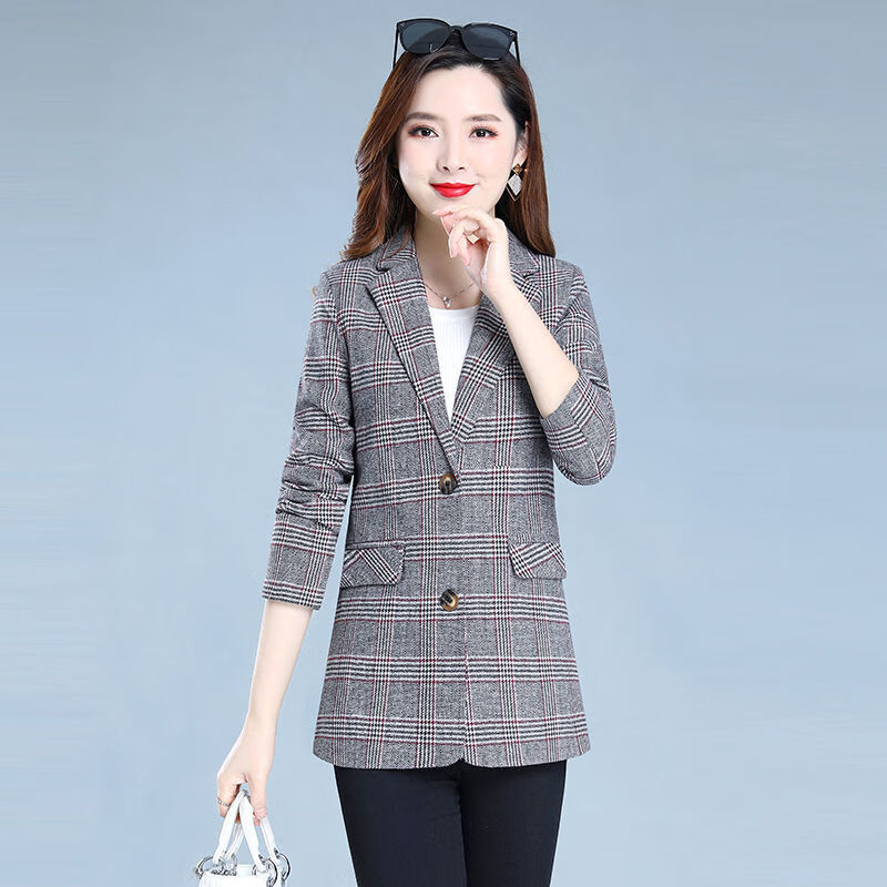 30岁至40岁女装短外套,30岁至40岁女装外套 21新款春秋妈妈装外套上衣30岁40时尚中年女装洋气格子小西装外套 灰