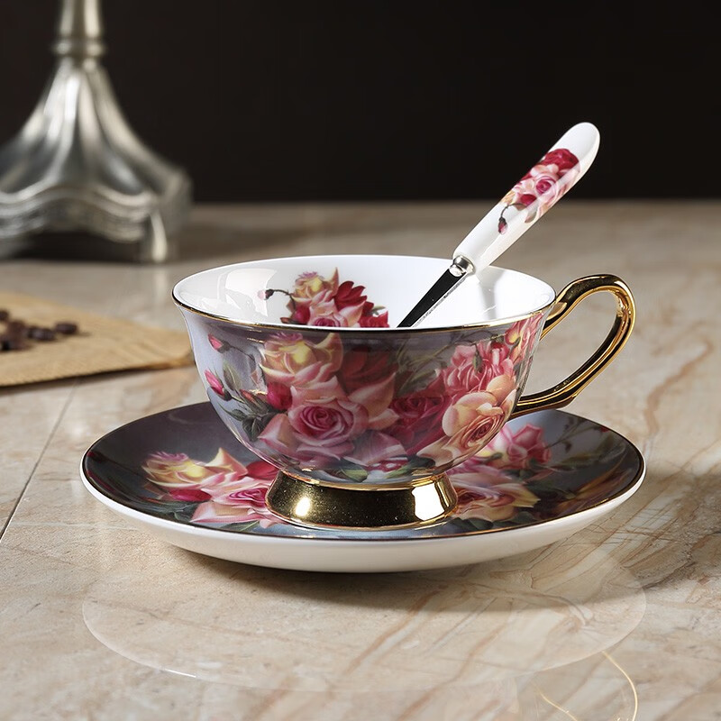 套装英式下午茶杯陶瓷欧式咖啡杯子带勺简约家用红茶杯 古典玫瑰1杯碟