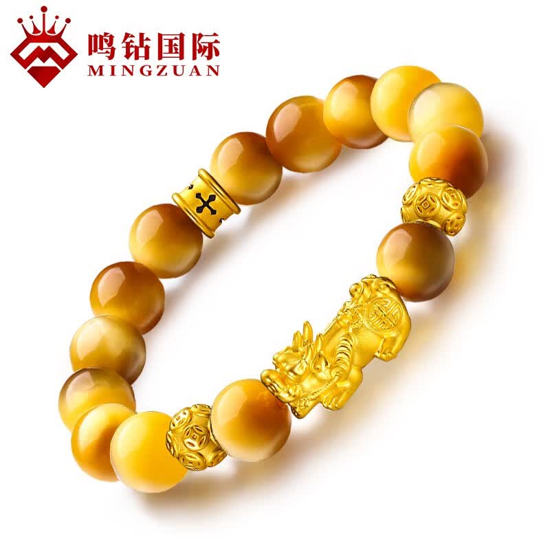 鸣钻国际  黄金手链男款 转运珠 男女情侣款 貔貅 3d硬足金金虎眼石手