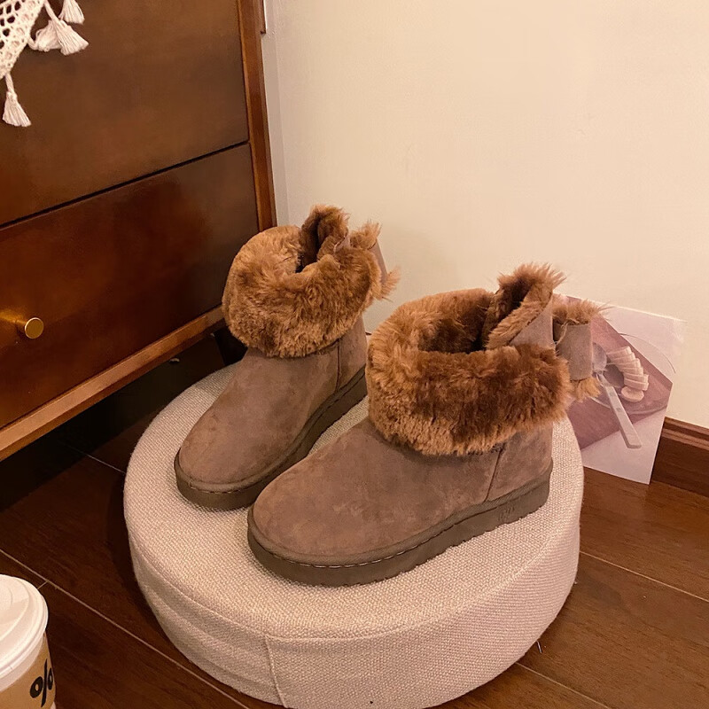 雪地靴女短筒秋冬新款加绒女靴子冬季蝴蝶结加厚学生棉鞋女潮 卡其色