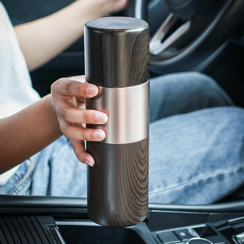 GROOT陶瓷内胆保温杯木纹运动便携水杯子男女办公室商务泡茶水杯礼品杯 升级款带陶瓷茶隔(浅棕色)