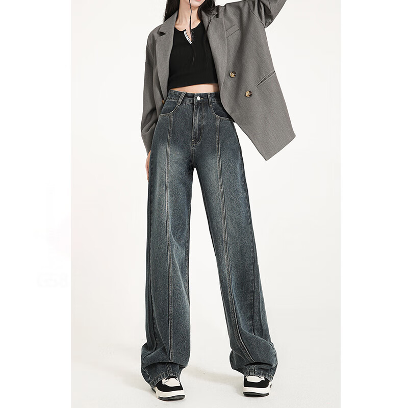 丝克诺依 美式牛仔裤女高腰宽松新款复古阔腿垂感拖地春春 蓝灰色长裤