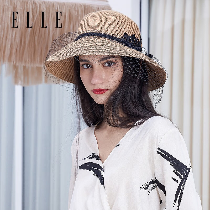 elle遮阳帽编织草帽女凉帽小清新沙滩帽子女士夏季遮阳帽防晒折叠太阳
