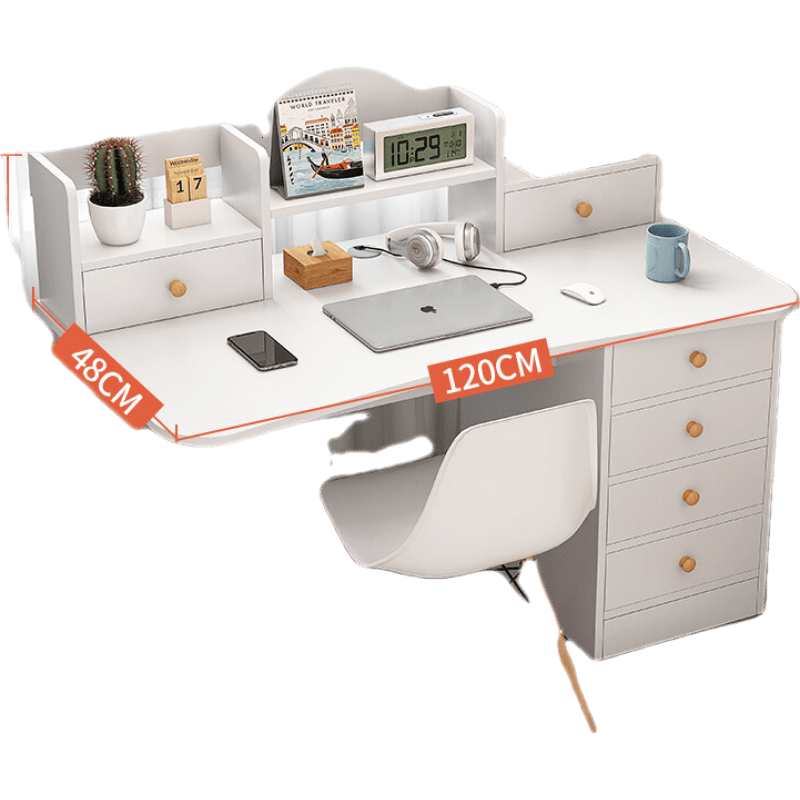醉季 电脑桌台式桌学生书桌简约简易租房家用学习写字桌卧室办公 带书架暖白四抽120CM 置物书架 抽柜组合