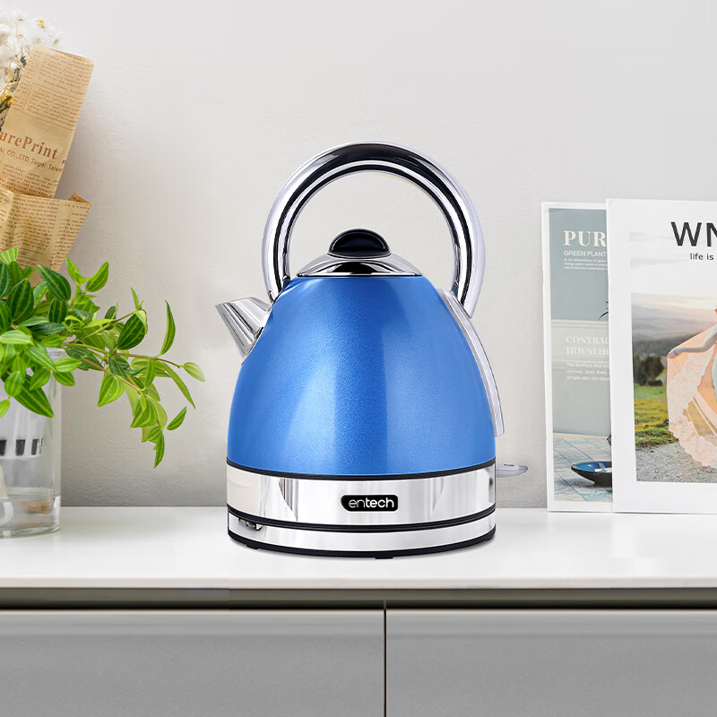 一特(EnTech)1800W快速烧水壶家用高颜值电热水壶大容量分体式加厚304不锈钢大功率插电烧水自动断电防干烧 1.7L 专柜款-海洋蓝(带水窗)