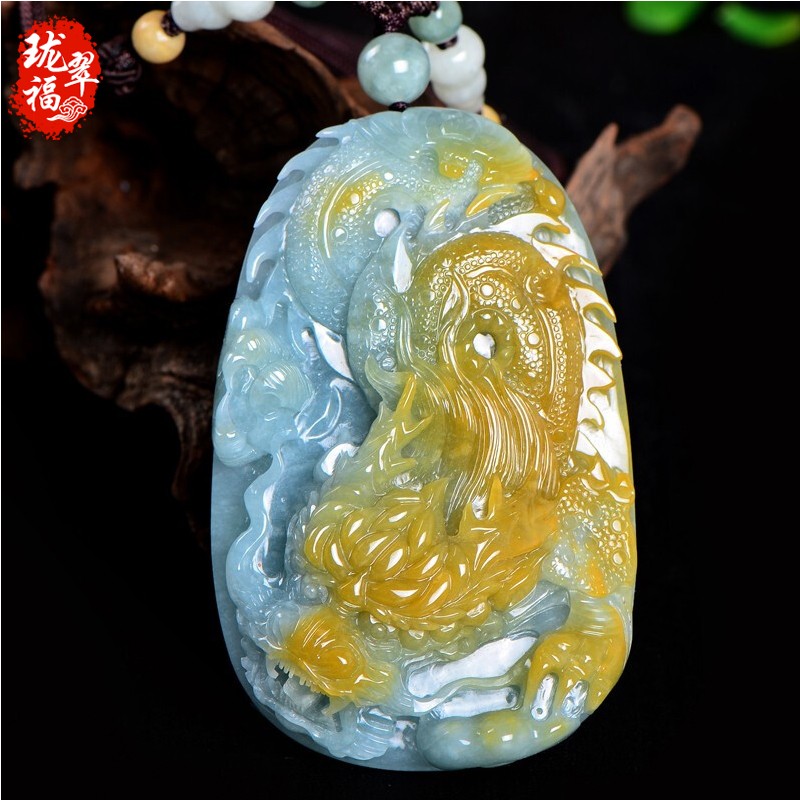 珑翠福翡翠a货黄翡龙牌吊坠冰种黄翡蓝水生肖龙牌玉佩玉坠挂件 男款