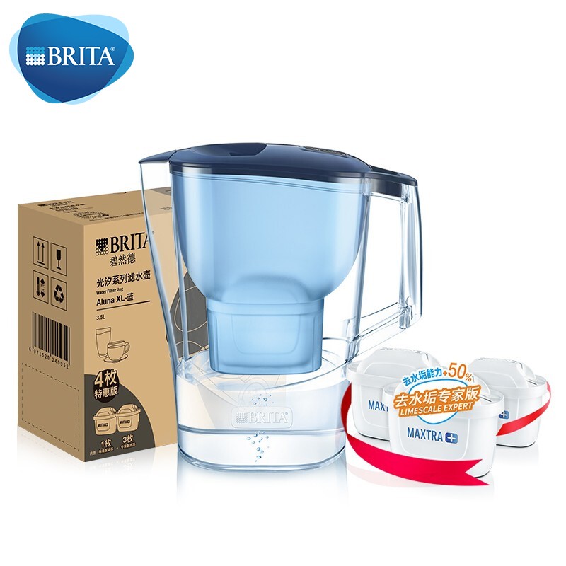 碧然德（BRITA）过滤净水器 家用滤水壶 净水壶 光汐系列 3.5L(蓝色)+去水垢专家版滤芯 3枚装 环保加固包装