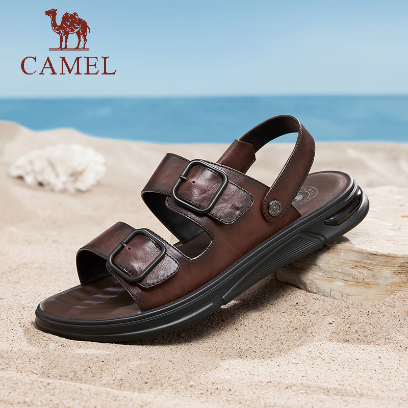 骆驼（CAMEL）骆驼2024新款柔软抓花牛皮两穿透气缓震通勤商务凉拖男士 深棕色 42
