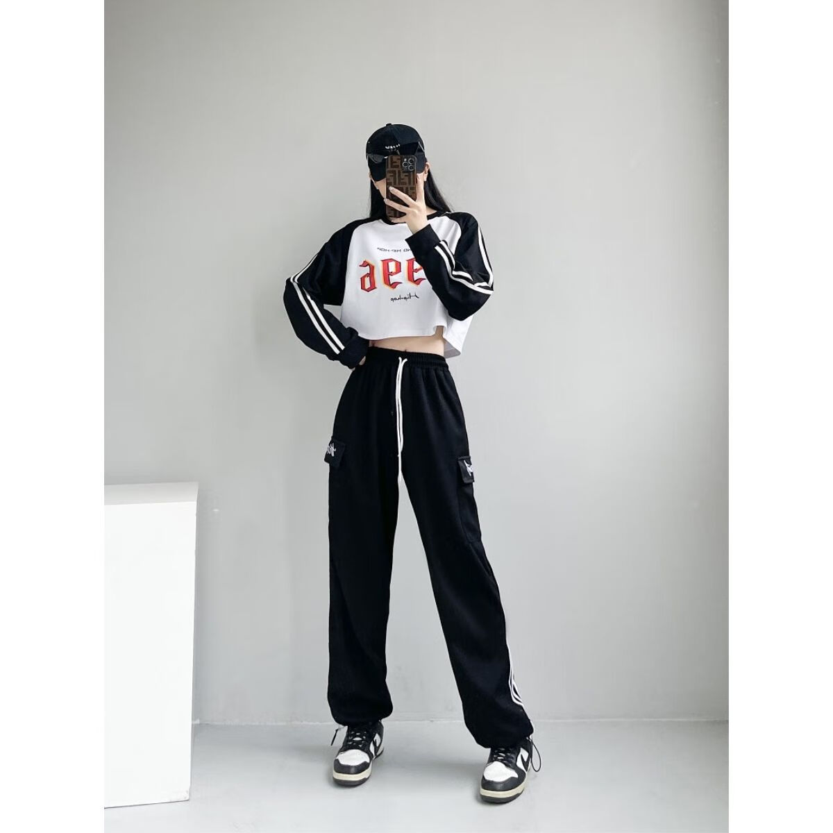 个子秋冬跳舞衣服a长袖短款上衣练功服韩舞 560黑白长袖 0608黑色裤子