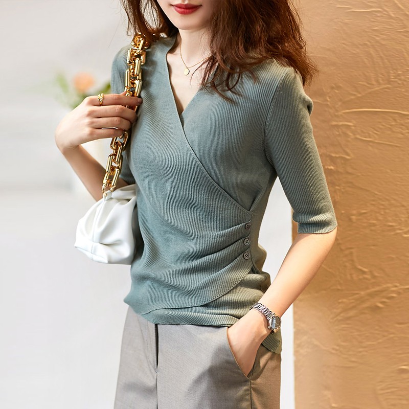 妮曼琪 2021春夏季女新款时尚优雅纯色显瘦V领五分袖女装 灰绿色 均码（85-138斤）