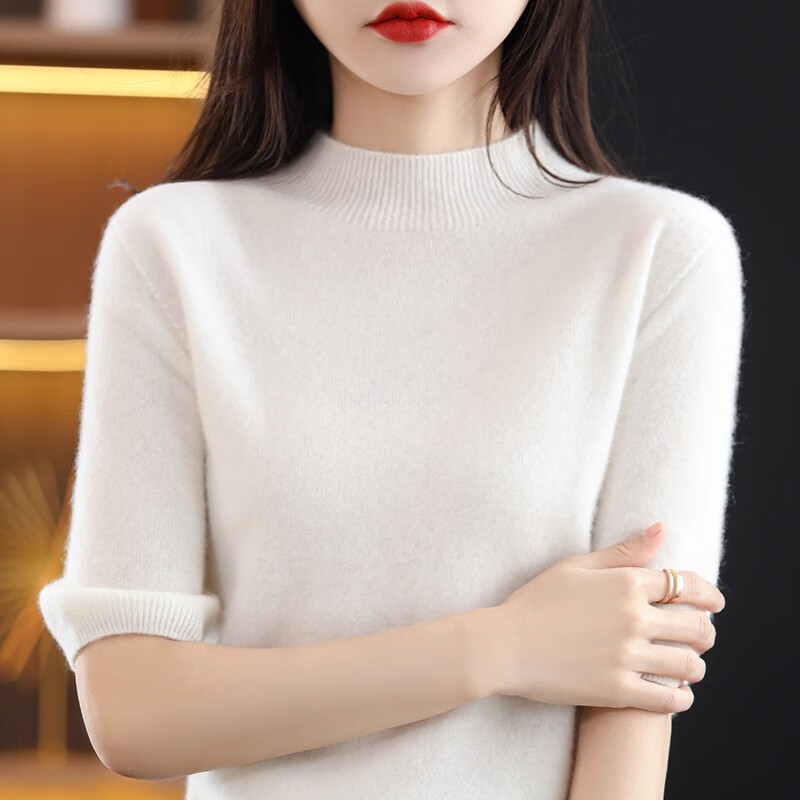 怡曼芙针织衫女五分袖春夏半高圆领中袖针织毛衣女薄款内搭打底衫上衣女 白色 均码 -建议90-140斤