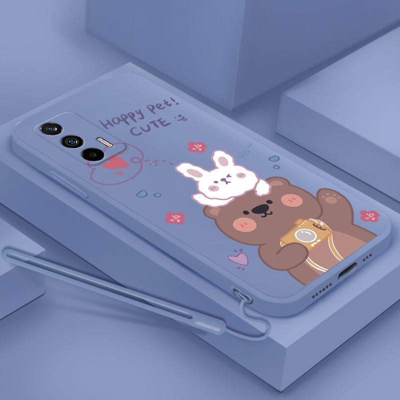 倍思力 适用realme真我GT Neo2T手机壳GTNeo男女款防摔保护套薄全包磨砂直边软壳 薰衣草灰-熊和兔子+手绳 真我GTNeo2T/真我GT/Q3pro通用