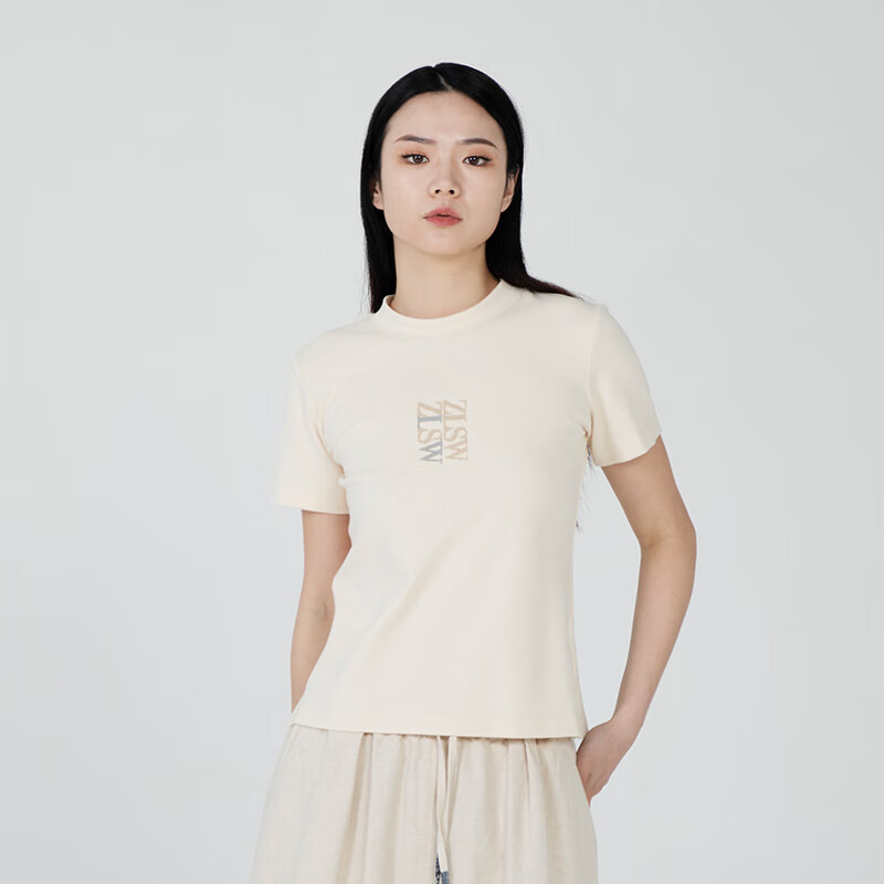 显瘦短袖t恤原创新款秋季内搭弹力上衣女士新款印花商场同款 浅米色 s