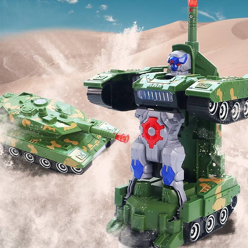 玩控 儿童玩具男孩坦克变形机器人声光电动特技车军事仿真模型 28cm