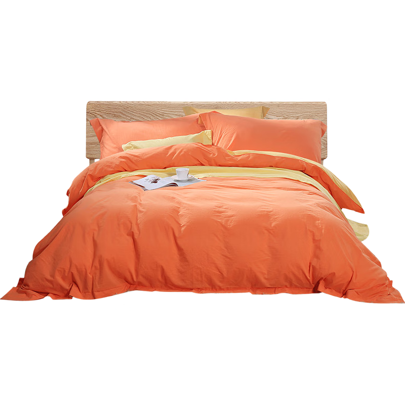 富安娜纯棉四件套 100%全棉床品套件纯色简约单双人床单被套203*229cm橙