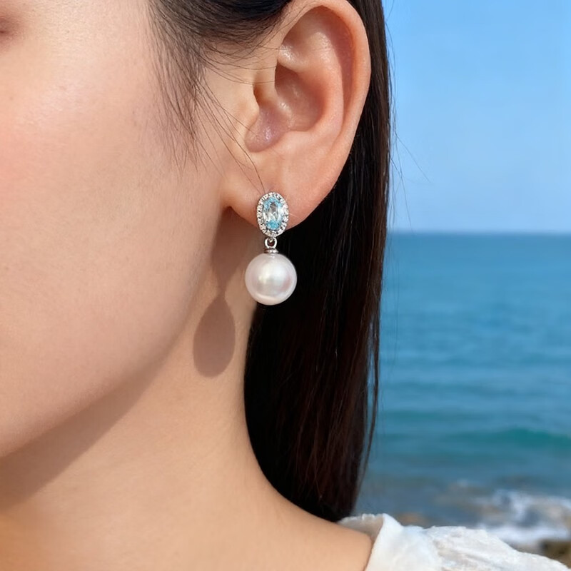 KRISTEN JUDI海蓝闪锆12mm大珍珠耳饰女银针蓝色耳钉圆脸耳环送女友妈妈礼物 约12MM耳针款-实用生日礼物送女友老婆闺蜜