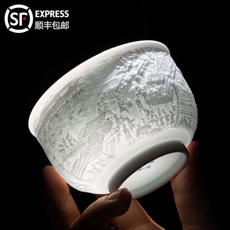 守勤堂景德镇陶瓷手工高端功夫茶杯茶具个人主人杯单杯办公室喝茶品茗杯 黄守良清明上河图主人杯 130ml