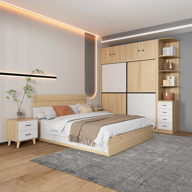 床衣柜梳妆台组合套装主卧室成套家具四五六件整套 单床 床头柜*2