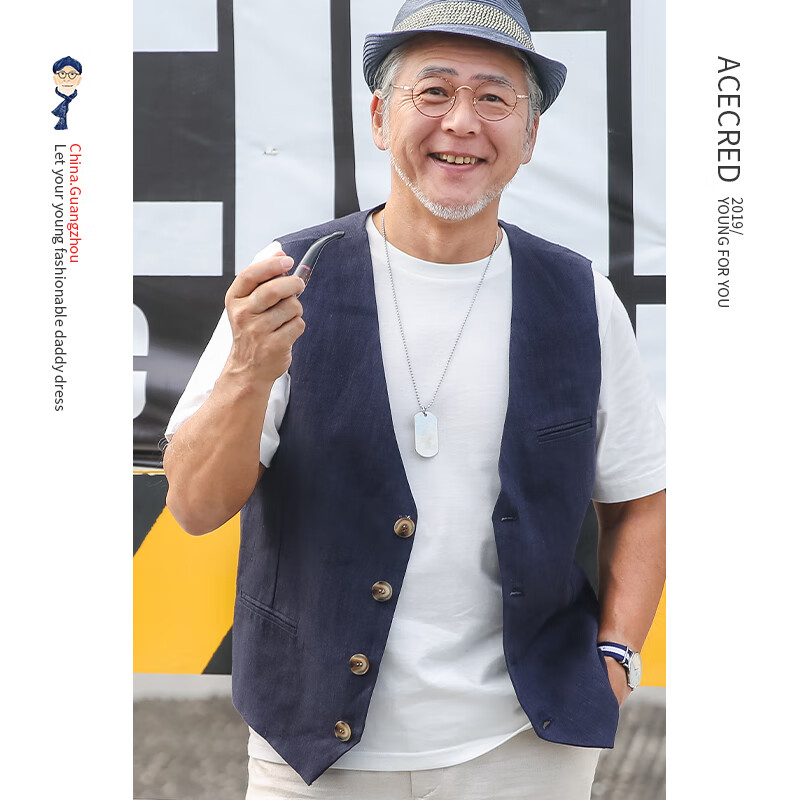 瑞质 夏装马甲夏天外穿中老年人爸爸夏季亚麻背心老人衣服坎肩爷爷