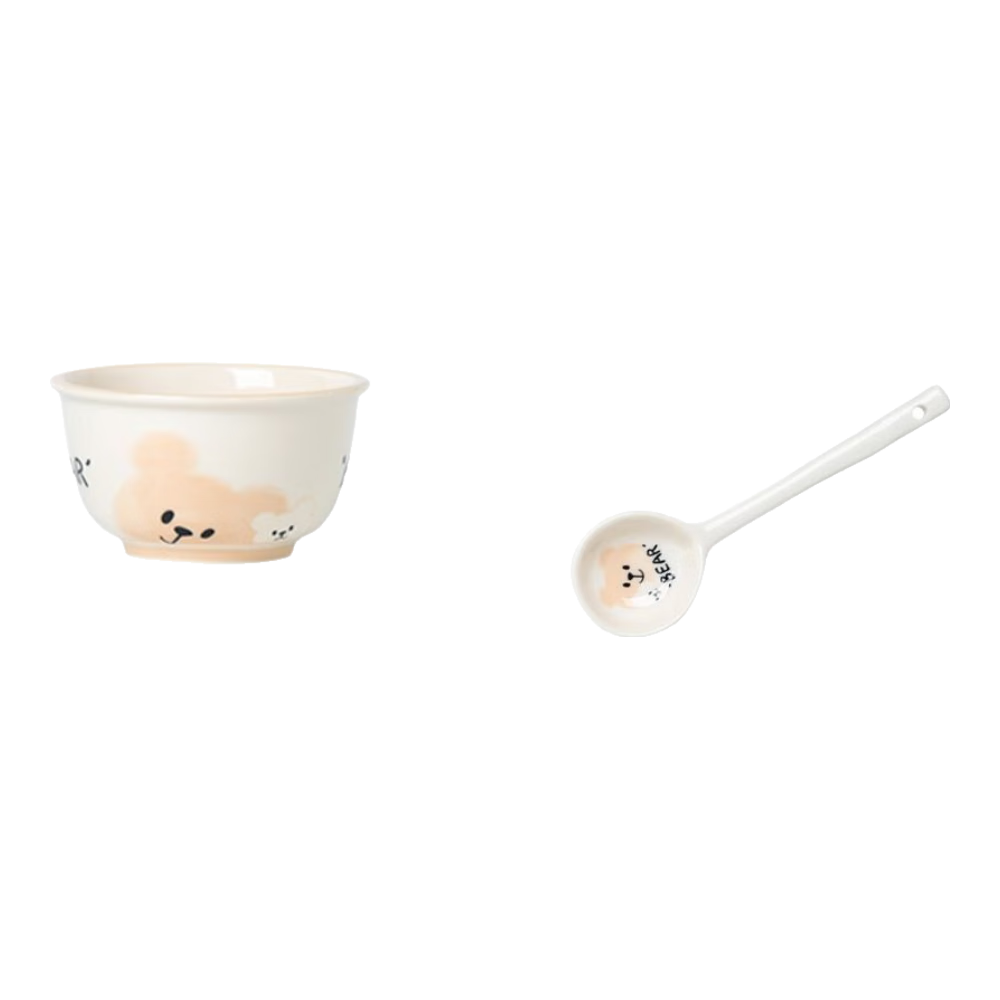 可爱饭碗带勺家用小萌宠辅食碗吃饭碗宿舍甜品碗情侣款碗盘餐具 小懒熊一碗一勺