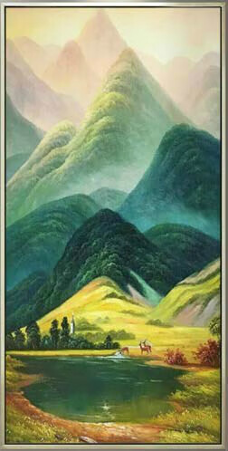 hkqh手绘油画巨人山风景山水画入户玄关装饰画鹿走廊过道挂画壁画竖幅