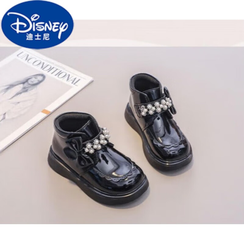 迪士尼（DISNEY）女童公主靴2023年儿童皮靴秋冬单靴宝宝加绒马丁靴中小童短靴 黑色二棉 28 内长约17.5cm属于什么档次？