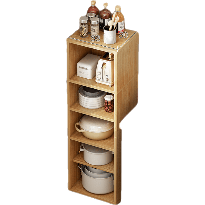 班奇盾 厨房缝隙置物架多功能落地调味料碗盘夹缝收纳架碗碟锅具储物架 33x30x120cm橡胶木色 开放层架 加大纵深