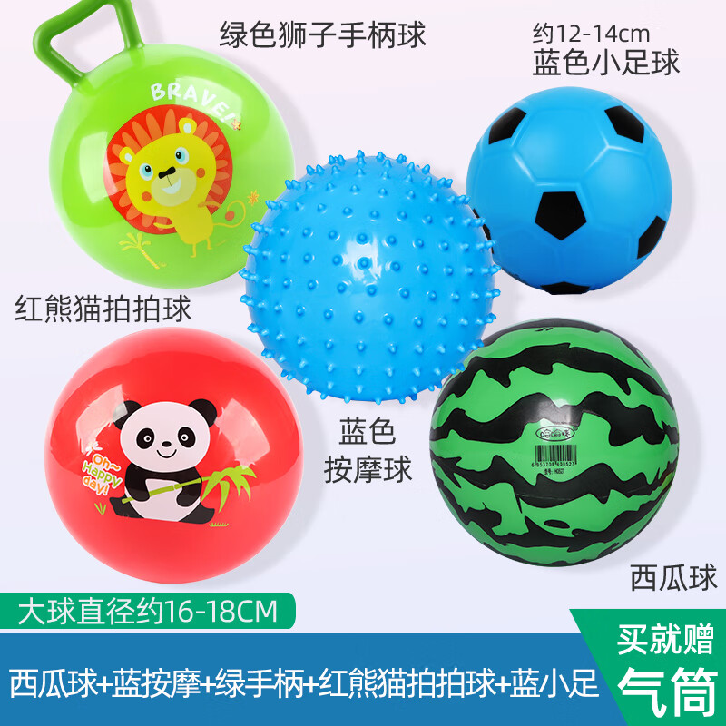 天智星儿童皮球1-3岁幼儿专用宝宝球1岁儿童篮球足球幼儿园拍拍球手抓球 西瓜球+蓝按摩+绿手柄+红熊猫拍
