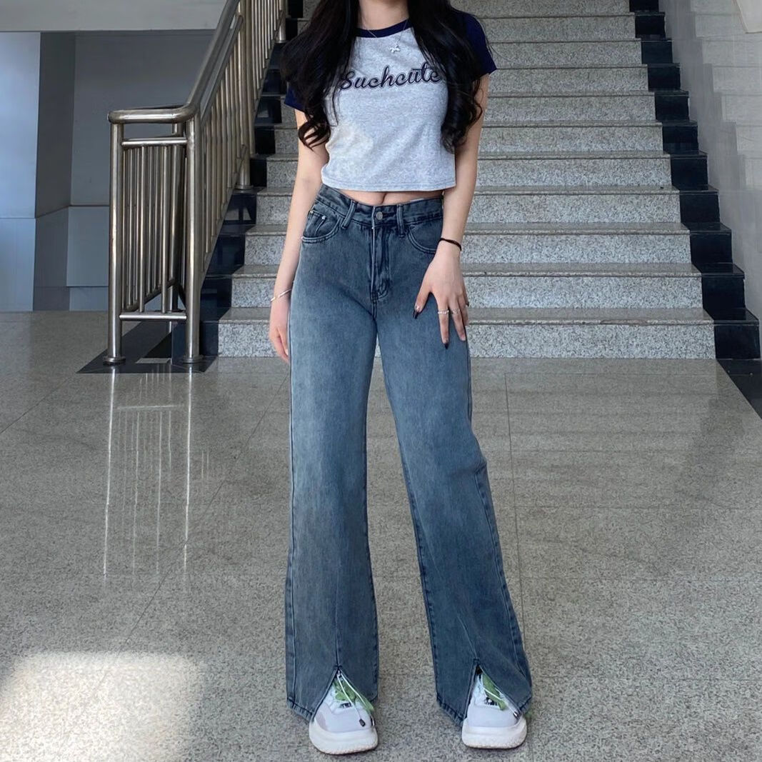 丰课(fengke)梨形身材微胖女人高腰薄款微喇裤美式复古阔腿牛仔裤女胖