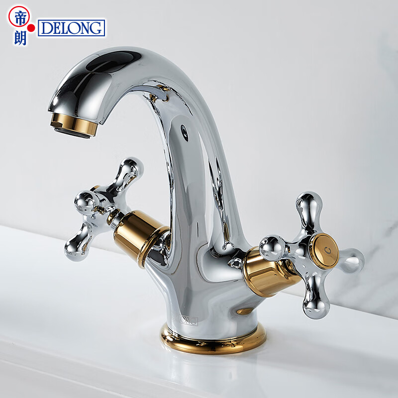 帝朗(delong)帝朗全铜铬金色面盆水龙头青古铜浴室卫生间洗脸盆冷热