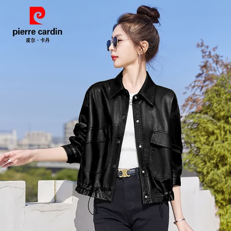 皮尔卡丹（pierre cardin）海宁皮衣外套女2023秋季新款女装韩版洋气抽绳机车风翻领皮夹克潮 黑色 M 建议 100-120斤高性价比高么？