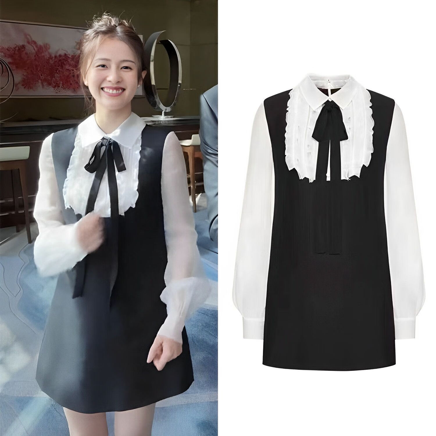 桑结白鹿同款衣服抖音白鹿同款连衣裙女春装法式黑白拼接显瘦气质