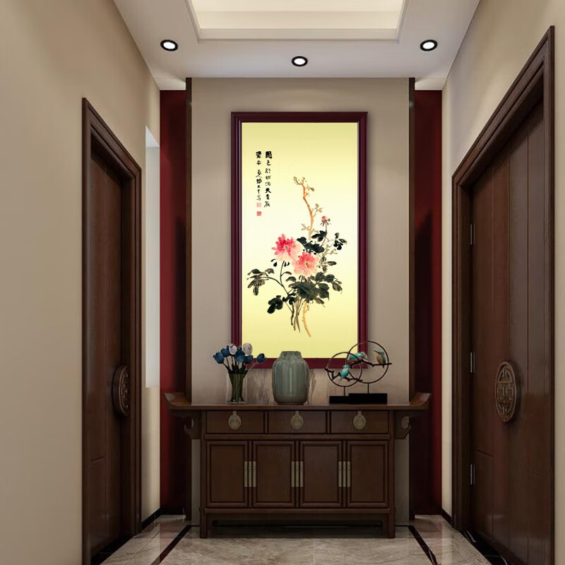 临宝得乐中式牡丹挂画 竖版玄关走廊进门装饰画高档壁画大气 铜板画心
