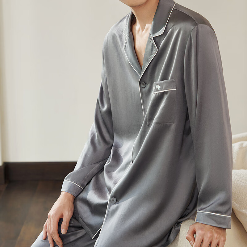 金三塔真丝睡衣女19姆米100%桑蚕丝外穿丝滑亲肤两件套装礼物 19姆米男士岩灰色 L
