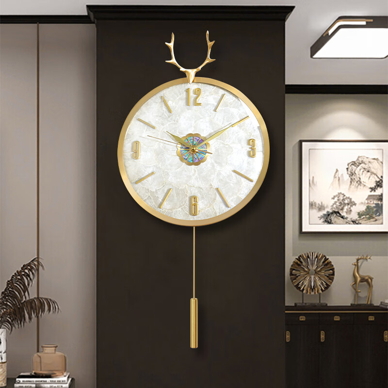汉时（Hense）创意轻奢黄铜挂钟客厅摆钟现代挂墙挂表餐厅石英钟HP2086C款中号