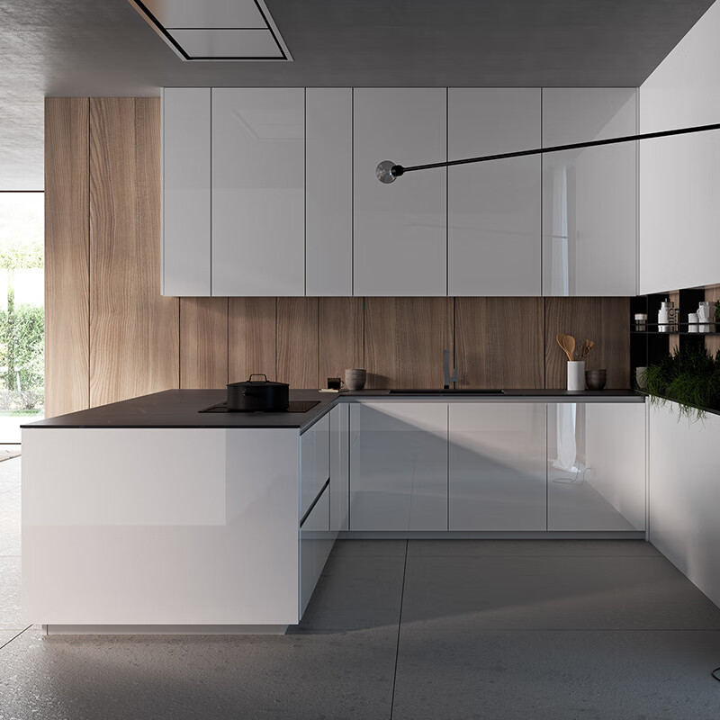 佐拉丽开放式厨房u形橱柜定制现代简约镜面板白色岩板厨柜整体翻新