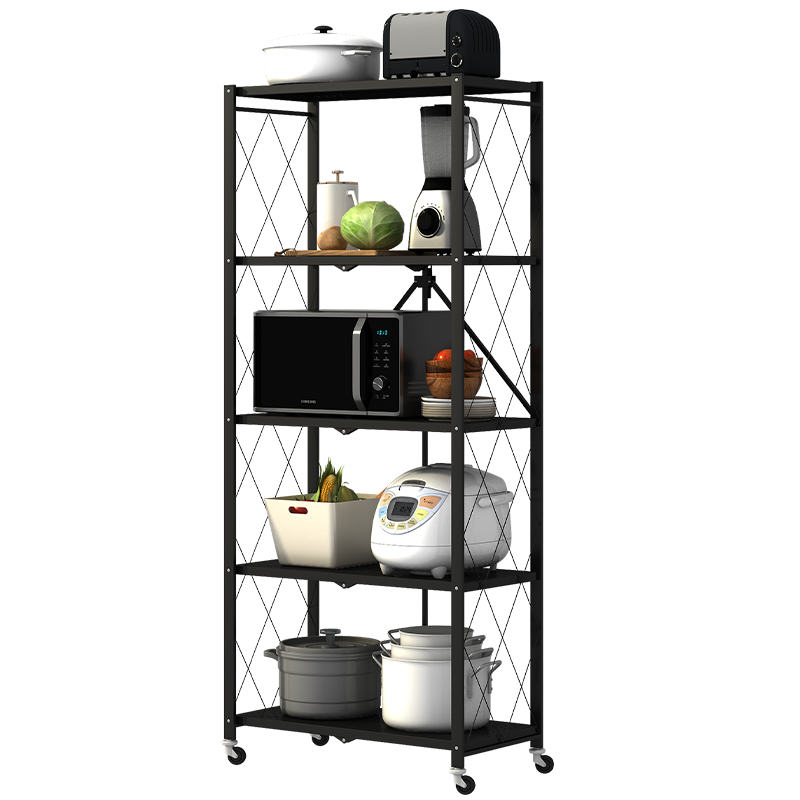 稳纳 免安装折叠置物架厨房落地收纳货架客厅家用储物架微波炉架子多层阳台卧室卫生间杂物柜 黑色M8016H
