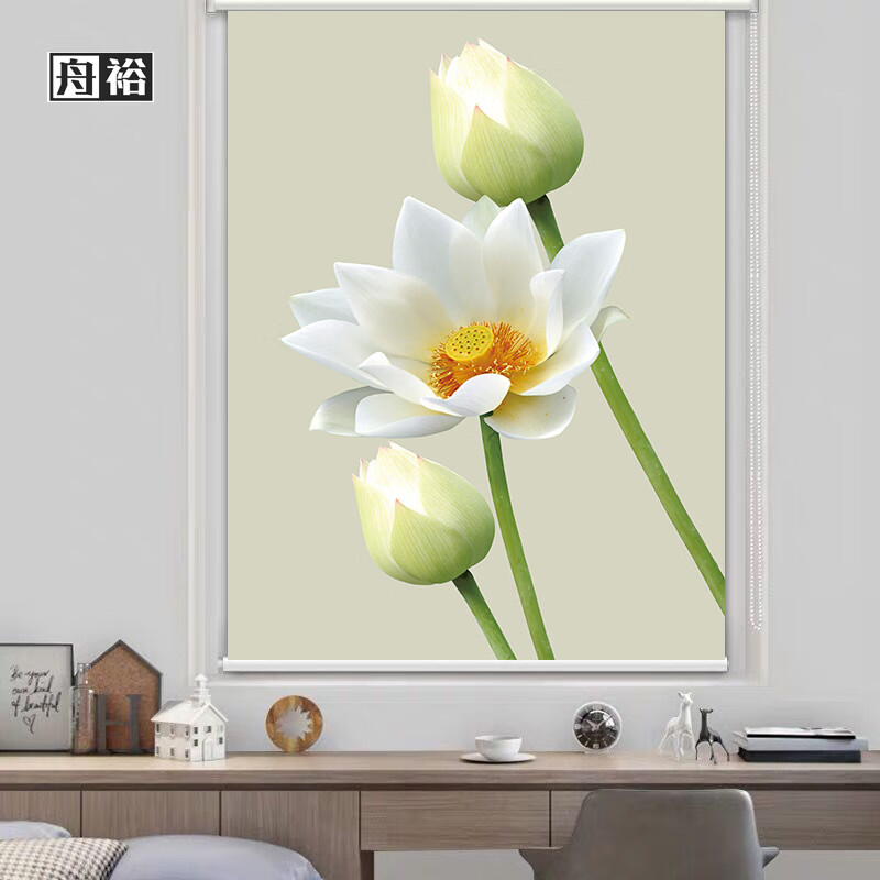 舟裕 免打孔定制卷帘玉兰花卫生间防水防油家用遮光遮阳手拉升降窗帘 花卉07 涨紧式免打孔/平方