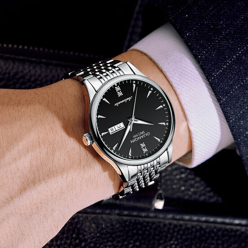 冠琴（GUANQIN） 名表 新款手表男士全自动机械商务休闲防水夜光男表精钢时尚简约 冠琴 16221精钢黑面 免费刻字