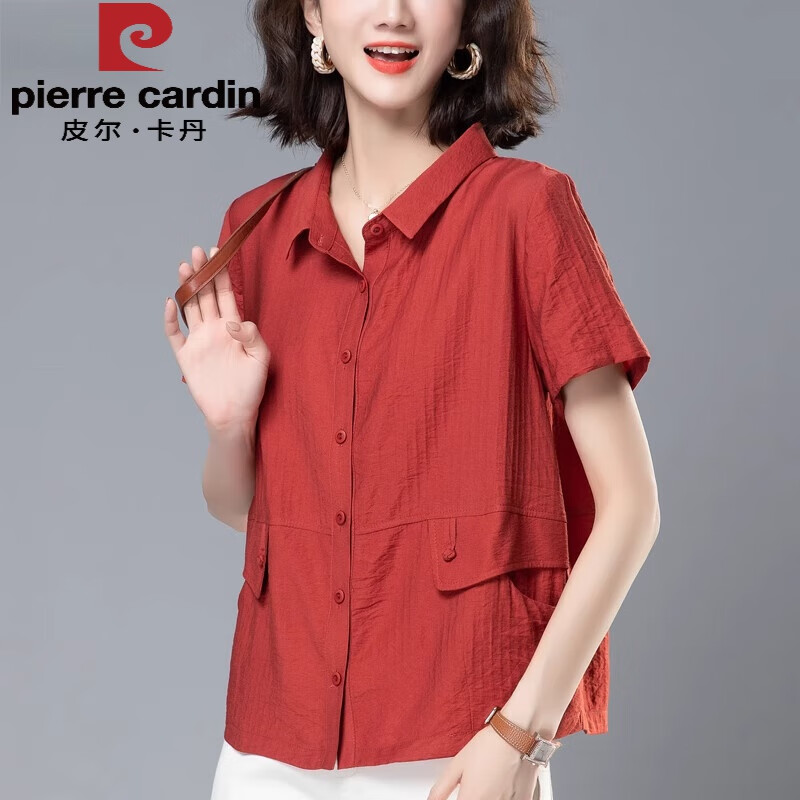 衬衫女2024年夏季新款韩版宽松大尺码休闲翻领短袖纯色短款外 砖红色
