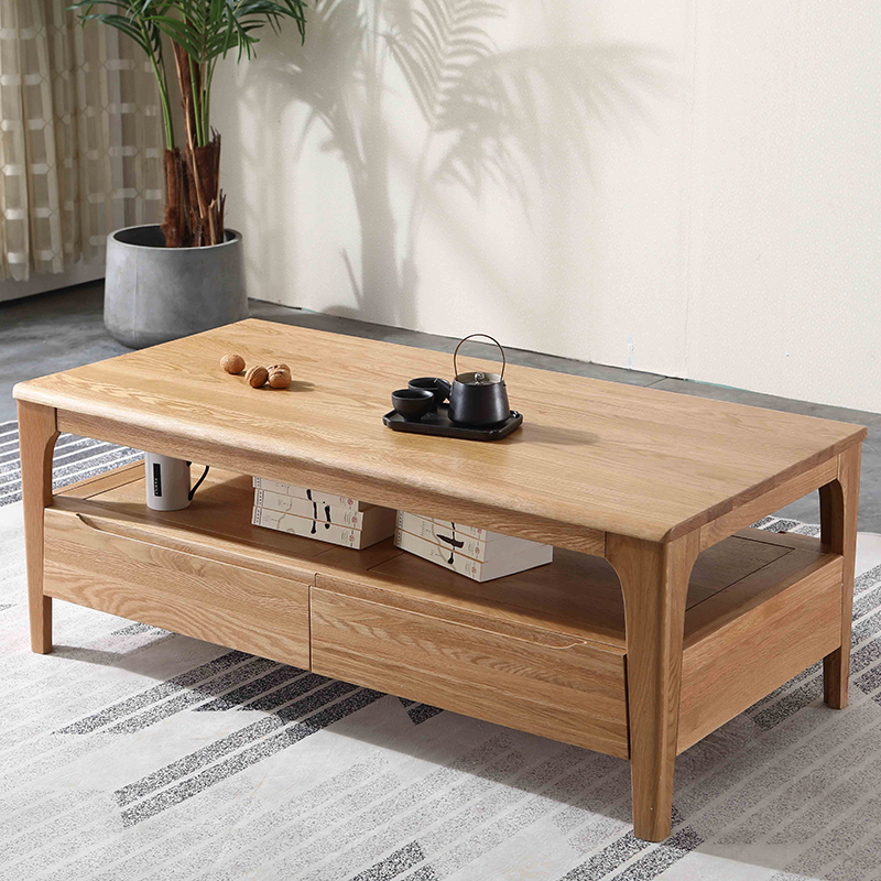 万德美 白橡木实木茶几北欧茶水桌简约现代小户型带四抽客厅家具 1.