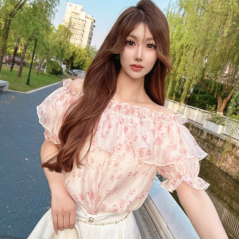 粉红大布娃娃短袖衬衫女夏 浅粉色印花 均码