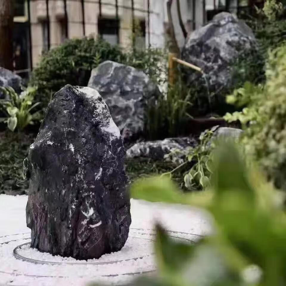 京茂黑山石置石 天然景石原石异形切片组合 枯山水造景园林景观庭院