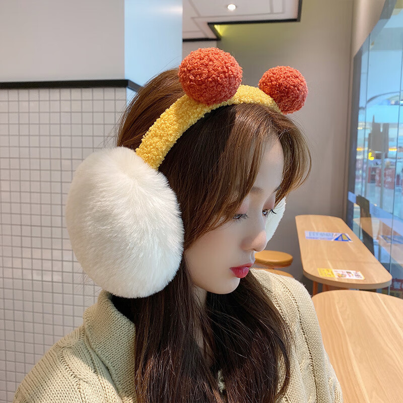 淘有型毛绒耳罩冬季女士加绒保暖耳捂子学生可爱少女百搭耳包防寒护耳套 双毛球耳罩 黄蓝双球