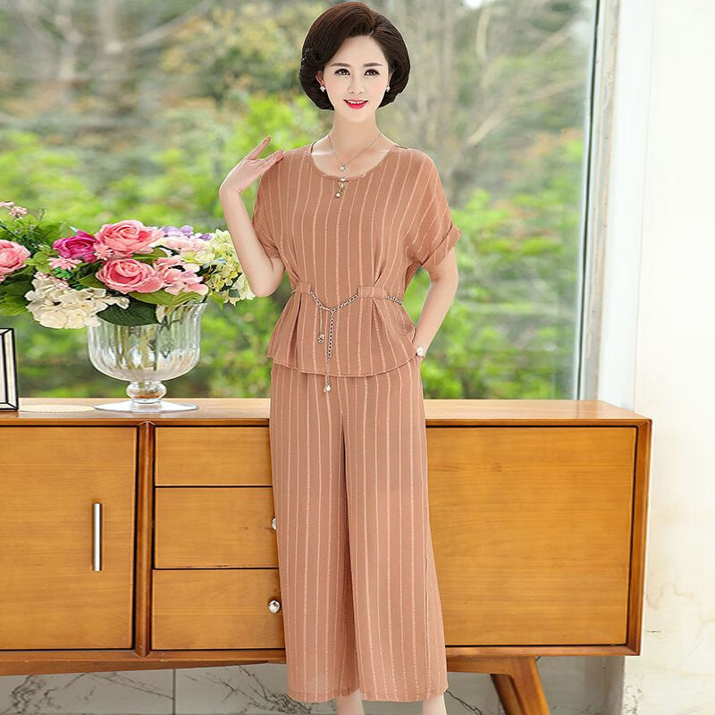 珍妮羊妈妈夏装洋气套装中老女t恤大码雪纺衫40-50岁阔太太裙裤两件套