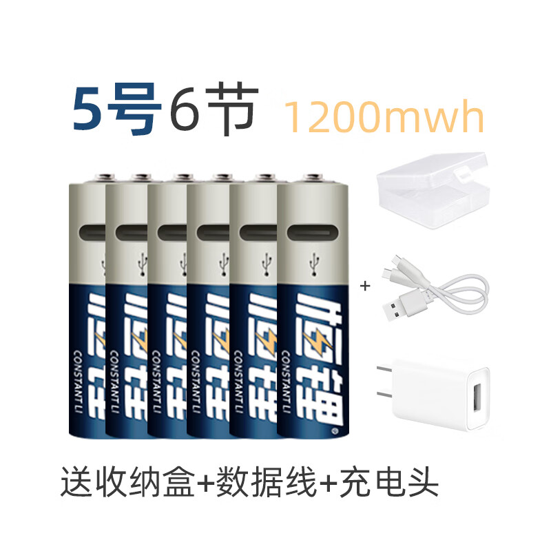 恒锂 CONSTANT LI恒锂1200mwh可充电锂电池type-c接口充电电池套装USB充电电池 【6节】1200mwh（线+盒+头）