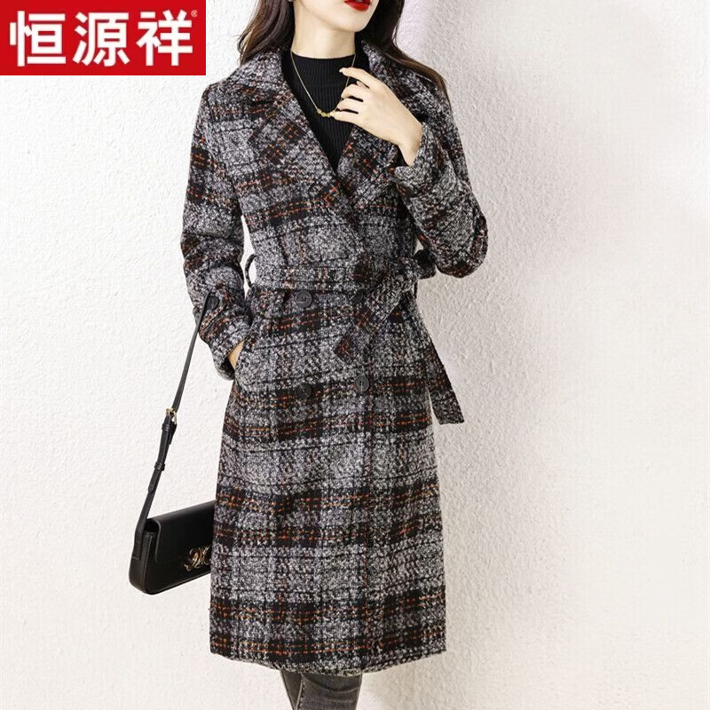 恒源祥（HYX）长款格子毛呢大衣女2023秋冬季新款时尚气质修身显瘦过膝呢子外套 黑色 L高性价比高么？