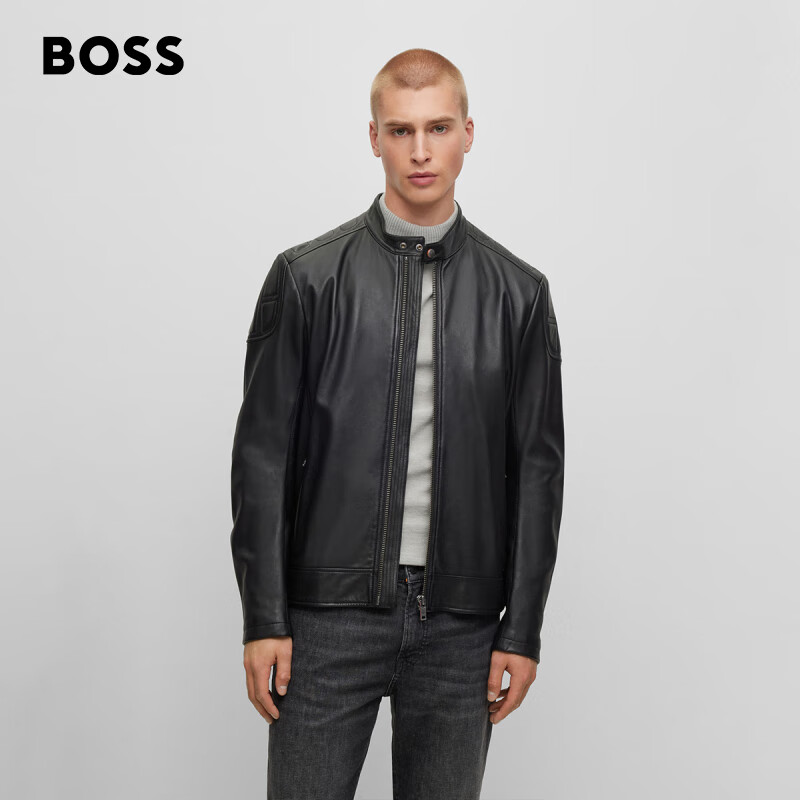 BOSS【机车皮夹克】男士潮流品牌标识带衬垫修身皮革机车夹克 001-黑色 EU:48