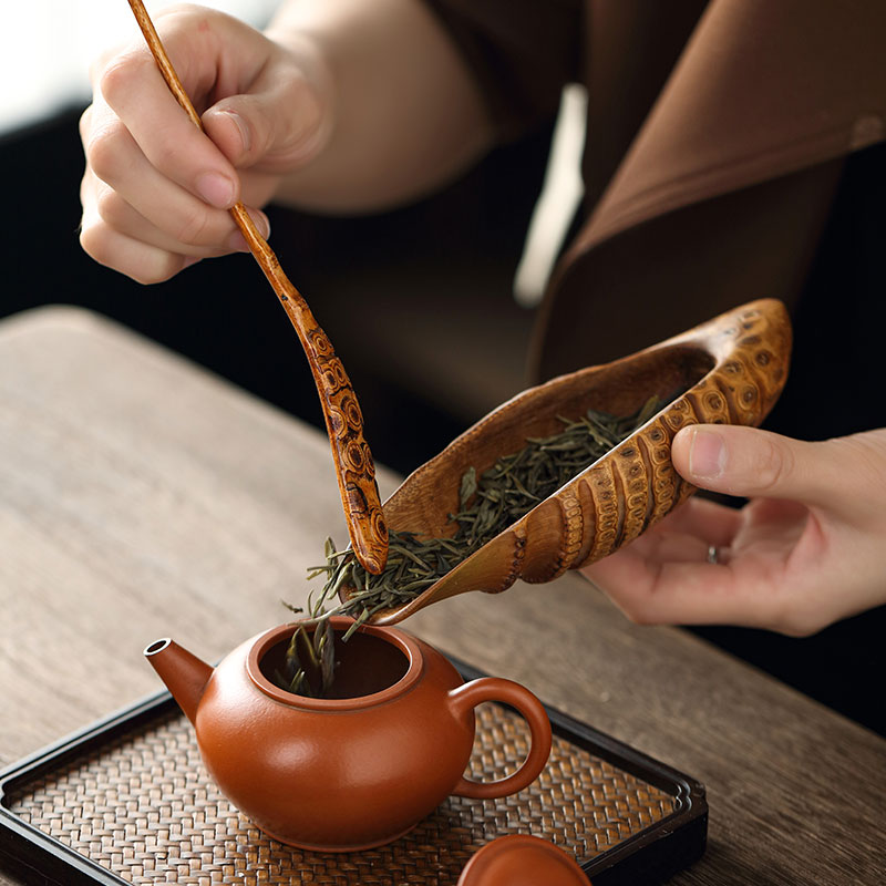 茶勺茶匙 竹头茶匙一体式竹根茶则二件套创意复古赏茶荷茶勺茶匙茶铲